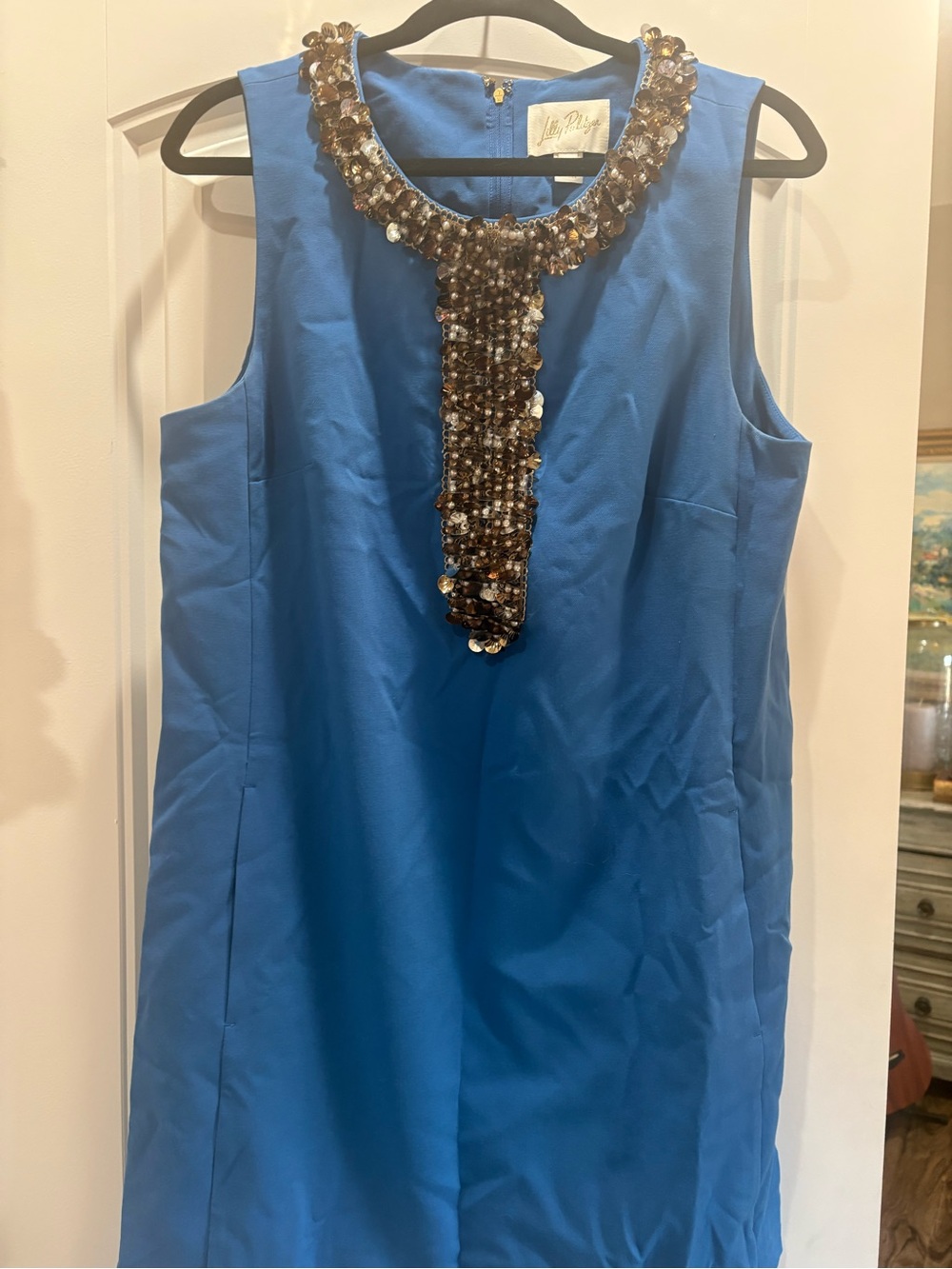 Lilly Pulitzer Edita Blue Sleeveless Dress with Brown Beaded Neckline